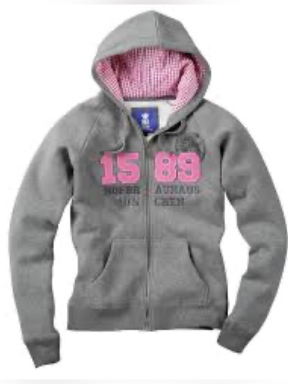 Hofbrauhaus Munchen Women’s Grey Zip Hoodie with Pink Lining “1589” Appliqué